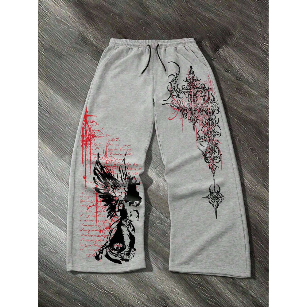 Amazon Foreign Trade European and American Cross-Border Printed Drawstring High Waist Loose Plus Size Straight Casual Long Pants for Women