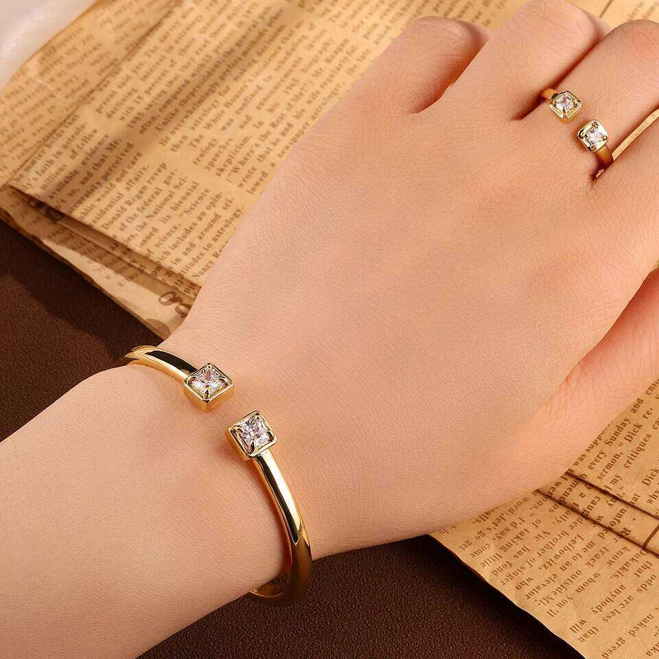 ZAKOL Elegant Shiny Square Zircon Open Ring&Bracelets New Trendy 18K Gold Plated Engagement Wedding Jewelry Two-piece Set