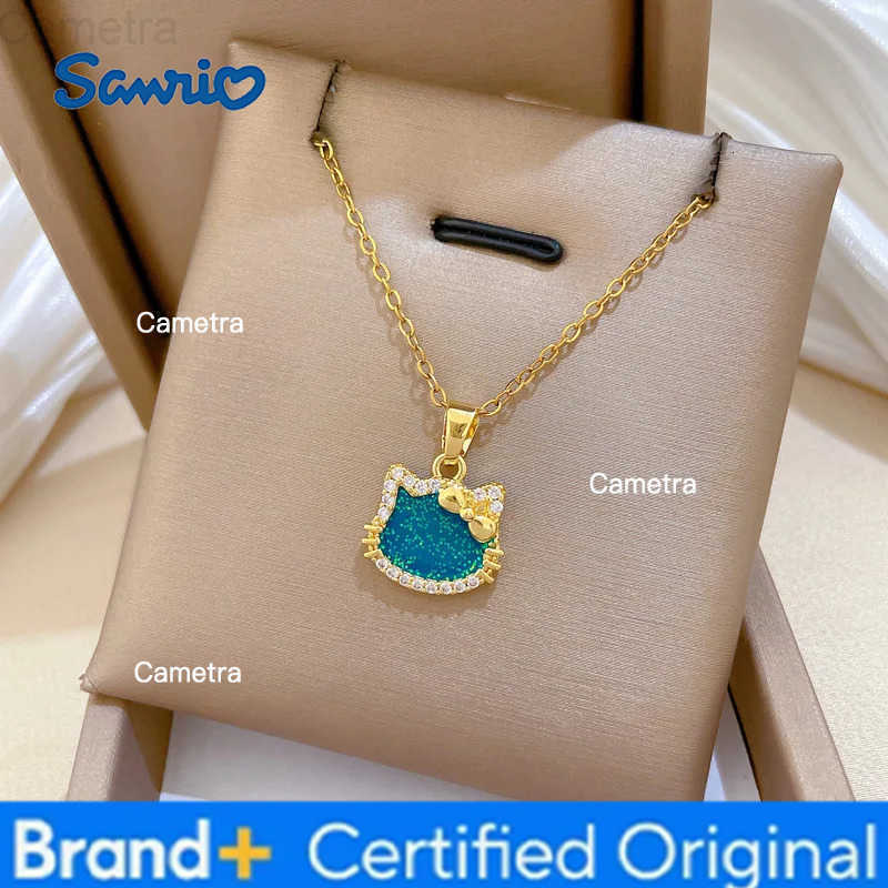 Sanrio Dreamy Blue Zircon Hello Kitty Pendant Necklace Stud Earrings for Women Girl Cute Charm Stainless Steel Chain Jewelry Set H251229
