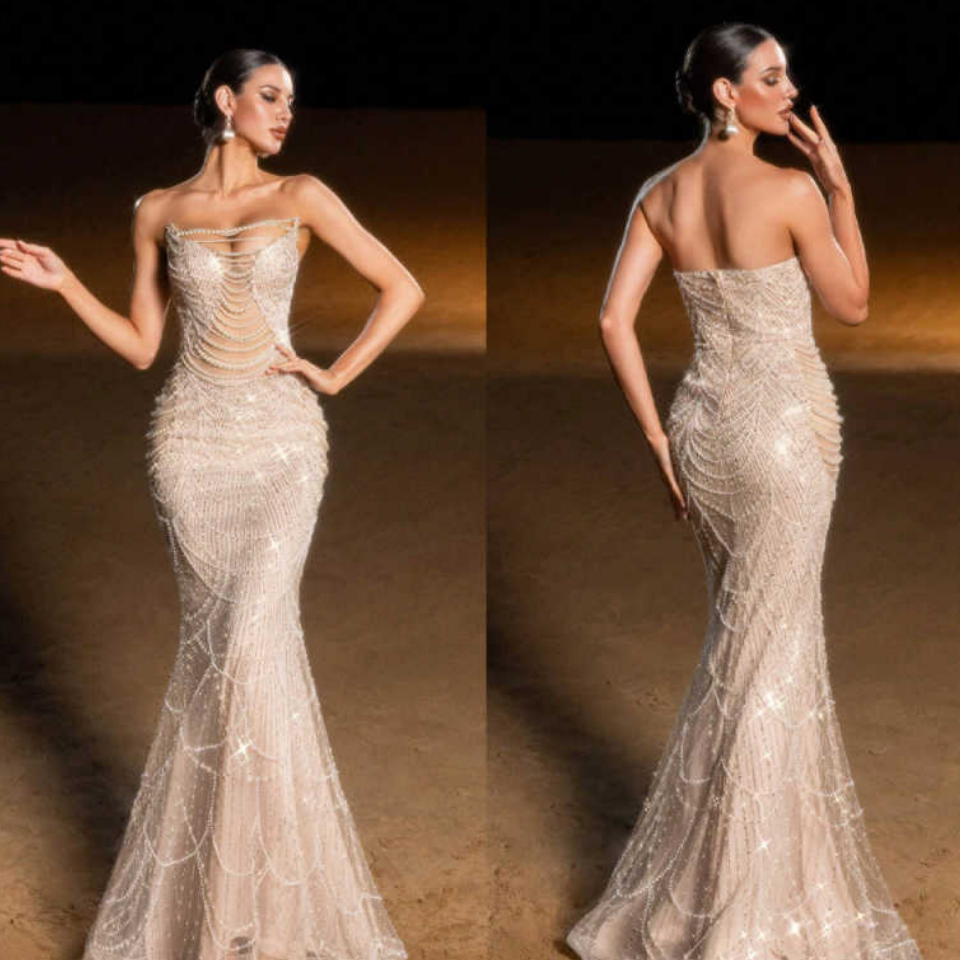 Designer Women Evening Dresses Strapless Sleeveless Prom Gowns Pearls Beaded Beading Sweep Train Dress For Party Custom Made