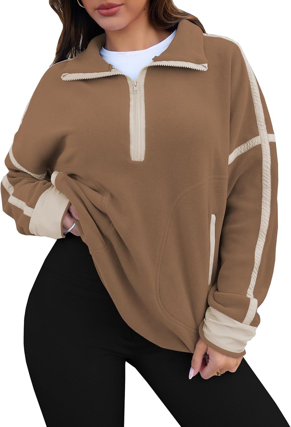 Women's Half Zip Patchwork Sweatshirt Casual Fashion Long-Sleeve Stand Collar Pullover Versatile Color-Block Polar Fleece Top With Pocket