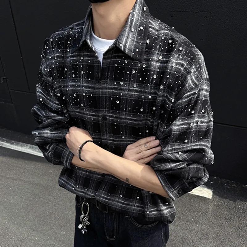 WVGA Spring Autumn Man Gypsophila Heavy Diamond Trendy Long Sleeve Shirts Niche Chic Casual Plaid Shirt Ins W10345 251223