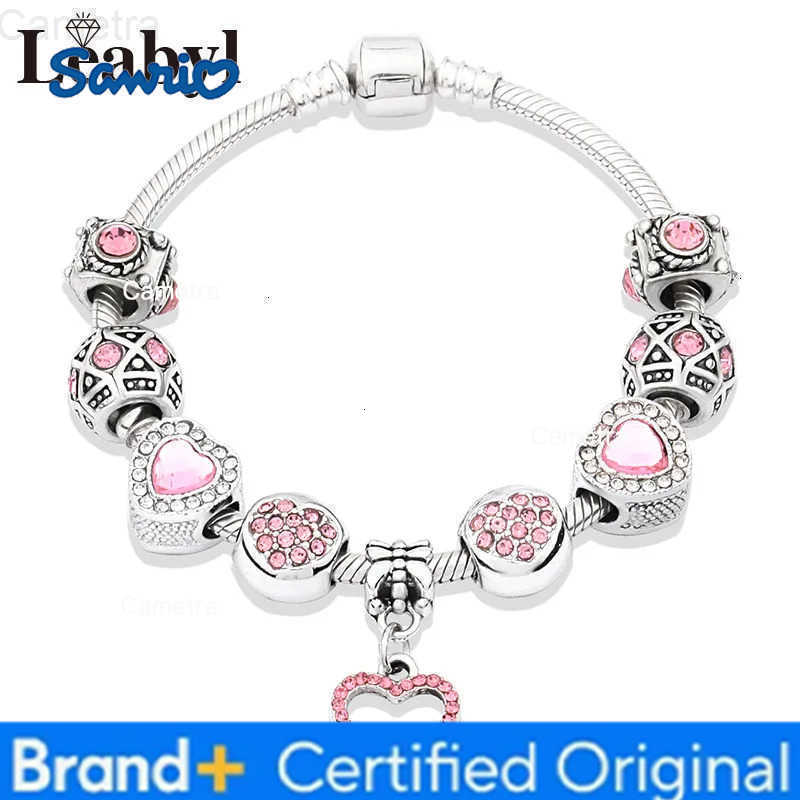 Sanrio New Valentines Romantic Pink Heart Charm Bracelet Bangle Fine Crystal Diy Bead Bracelet Jewelry for Women Girl Gift H251229