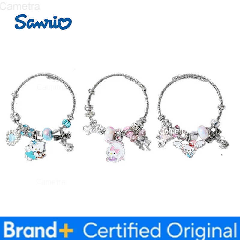 Sanrio Silver Hello Kitty Bead Bracelet Heart Charm Inspired Couple Jewelry for Women Girls Perfect for Halloween Accessories H251229