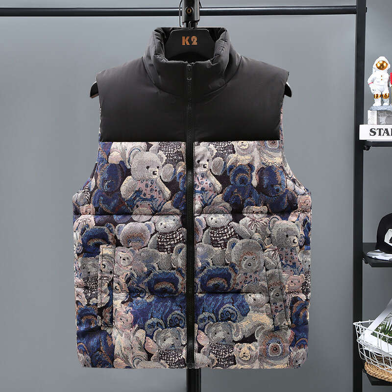 Men's Outdoor Puffer Cotton Vest Fashionable Color Block Stand Collar Outerwear Trendy Winter Jacket for Daily Wear