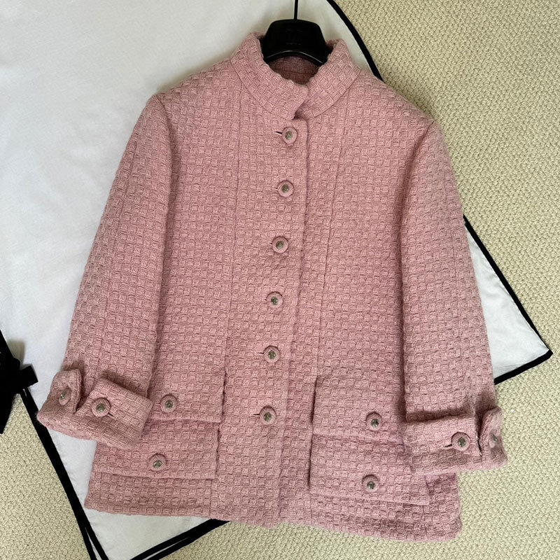 Women Early Spring Pink Stand Collar Tweed Jacket Designer Luxury Single Breasted 3/4Sleeve Silk Wool Coat Multi-Pocket Jacquard Lined Elegant Outerwe