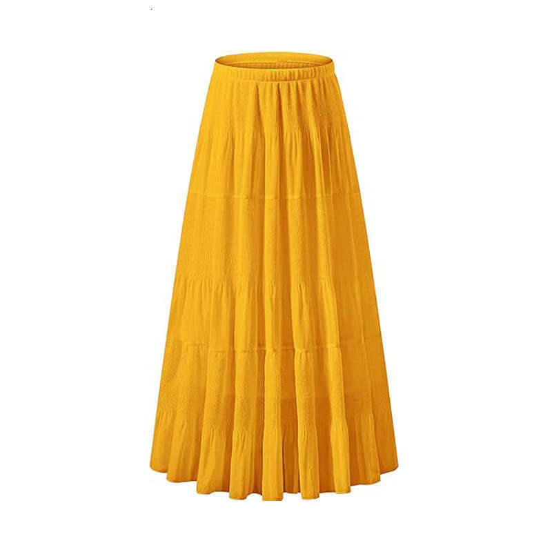 Women's Casual High-Waisted Elastic Waistband Ruched A-Line Flared Layered Long Half Skirt