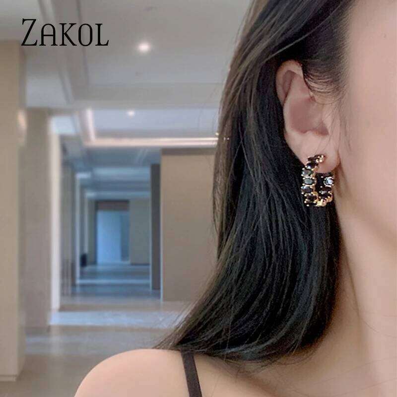 ZAKOL New Arrivals Black Geometric Zirconia CC Earrings Korean Fashion Jewelry for Women Girls