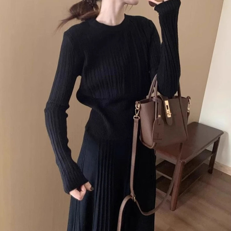 Korean Fashion Solid Color Knitted Sweater Set Elegant Casual Autumn and Winter Knitwear Two-piece Set with Top and Skirt 251219