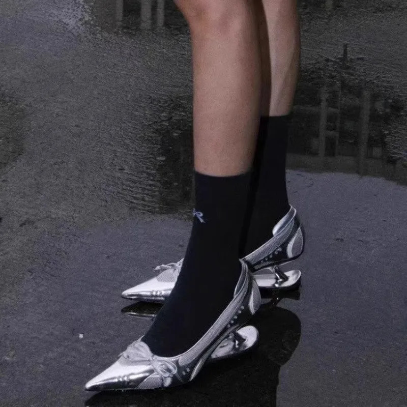 Bow Mary Jane Sport Retro Pointed Toe Shallow Mouth Splice Surface Suspension Heel Anti-Slip Wear-Resistant High Heels251222