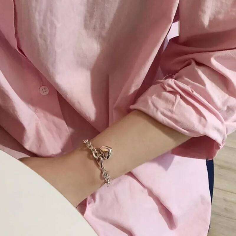 925 Sterling Silver Bracelet Bangle Heart Pendent Geometric Chain Punk For Woman Girl Fashion Jewelry Gift Dropship 25H1229