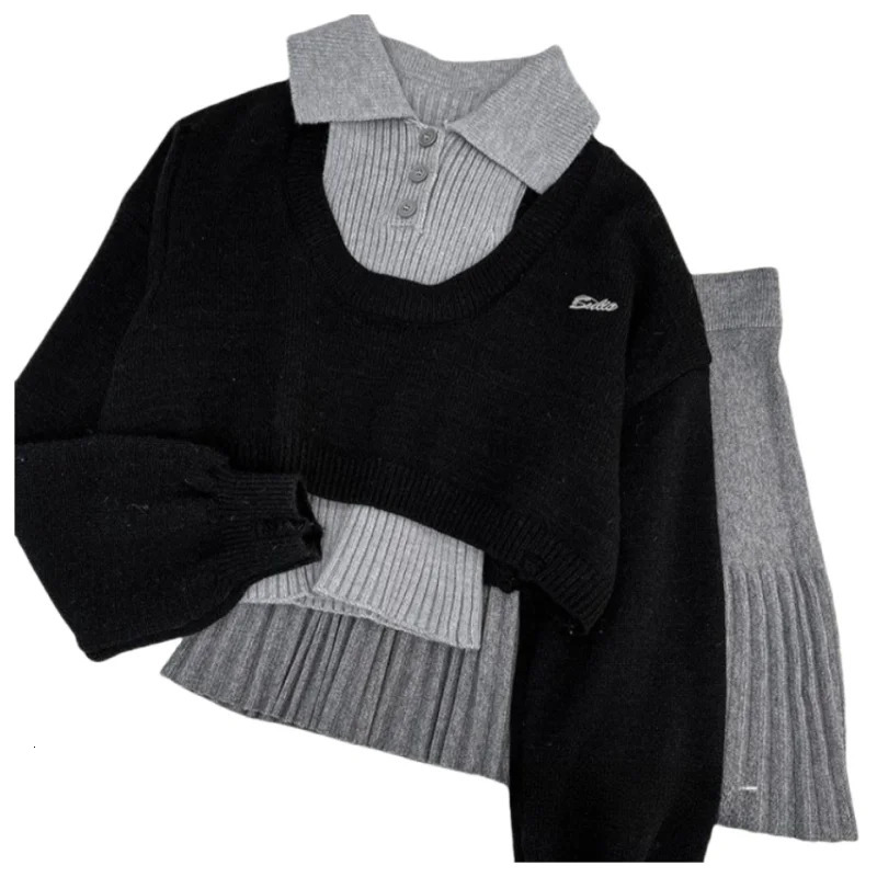 Korean Style Set American Retro Spicy n Sense Short Knitted Sweater Womens Knitted Short Skirt Three Piece Set 251219