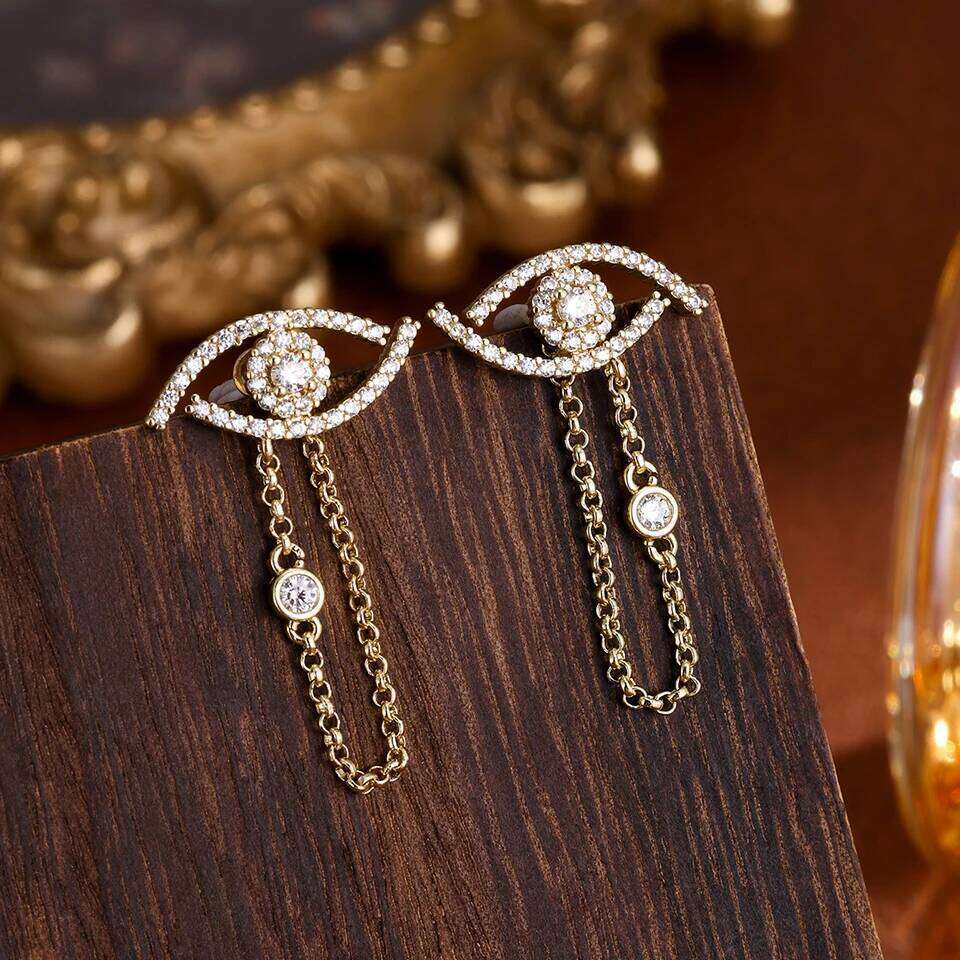 ZAKOL Trendy Turkey Evil Eye Zircon Inlaid Chain Tassel Earring Original Design Sliver Gold Color Wedding Party Ear Accessories