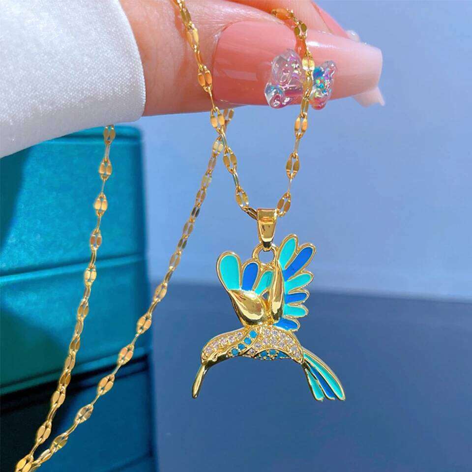 ZAKOL Cute Inlaid CZ Blue Woodpecker Necklace Titanium Stainless Steel Gold Color Chain Animal Pendant Choker Accessories