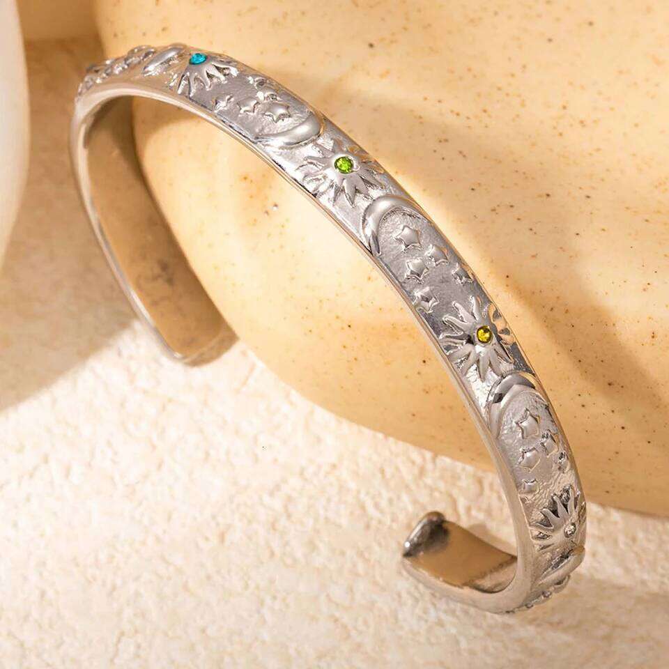 ZAKOL Stainless Steel Moon Star Sun Bangle Bracelet Gold Sliver Open Wrist Vintage Fashion Party Jewelry Gift for Women