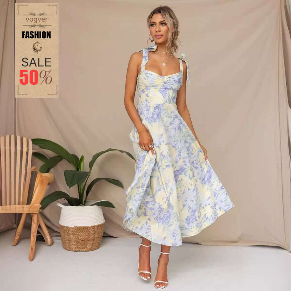 Dress for women V-Neck Strap Printed Mid-Length Dress, 2026 Summer Slim Fit Waist-Cinching Pool Party Dress