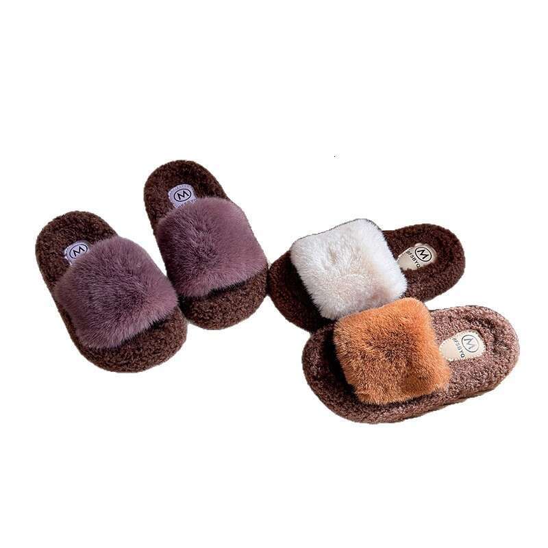 Ins Slip-On Furry 2025 Autumn Winter New Korean Style Girls' Outdoor Thick-Soled Plush One-Word Cotton Slippers