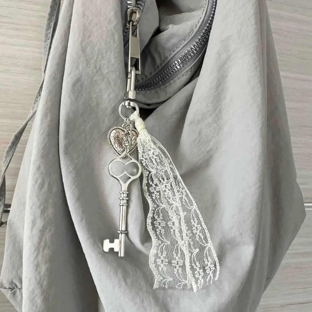 Ins Style Lace HeartShaped Pattern Key Cherry Chains Mirror Retro Y2k Cute Versatile Bag Hanging Decoration Keychain 251219