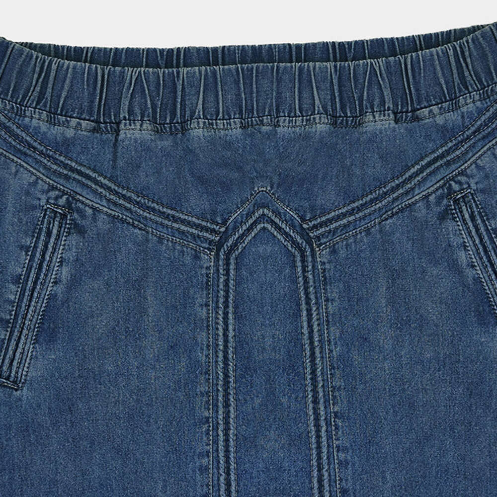 Women's Fashion Autumn Winter Denim A-Line Ribbed Brushed Elastic High Waist Simple Versatile Long Skirt