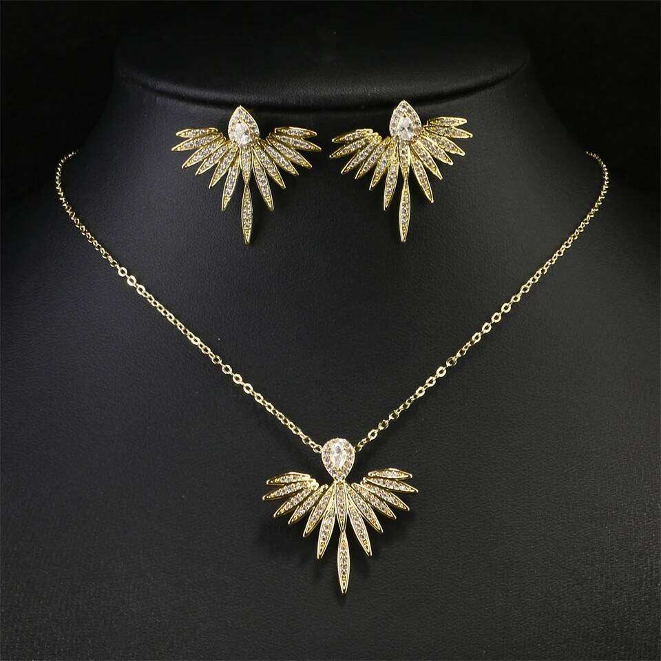 ZAKOL Vintage Full Micro-intact Zircon Feather Wing-shaped Earring Necklaces for Women Ins Trendy Aesthetic Bridal Accessories