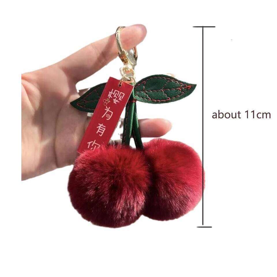 ZAKOL New Cute Fluffy Rex Rabbit Fur Ball Pompom Leaf Keychain Cherry Handbag Car Key Chain Ring Gift