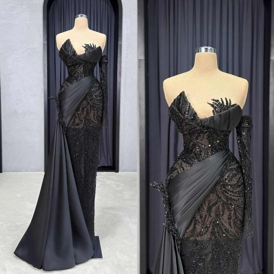 Stylish Mermaid Evening Dress Strapless Beaded Sequins Prom Gowns Sheath Sleeveless Pleats Floor Length Party Dresses Customized