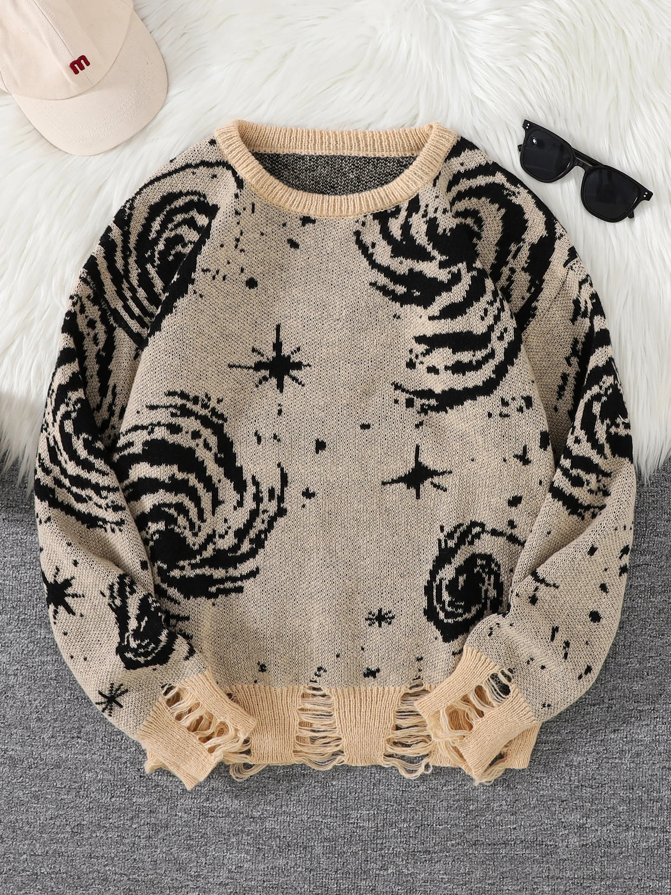 Trendy Street Style Ripped Abstract Starry Sky Pattern Pullover Sweater Casual Crew Neck Knitted Mens 251226