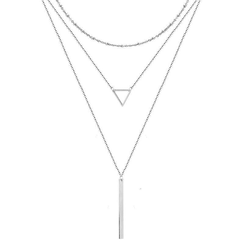 Cross-Border Jewelry Simple Fashion Round Bead Necklace Geometric Triangle Bar Long Pendant Three-Layer Chain