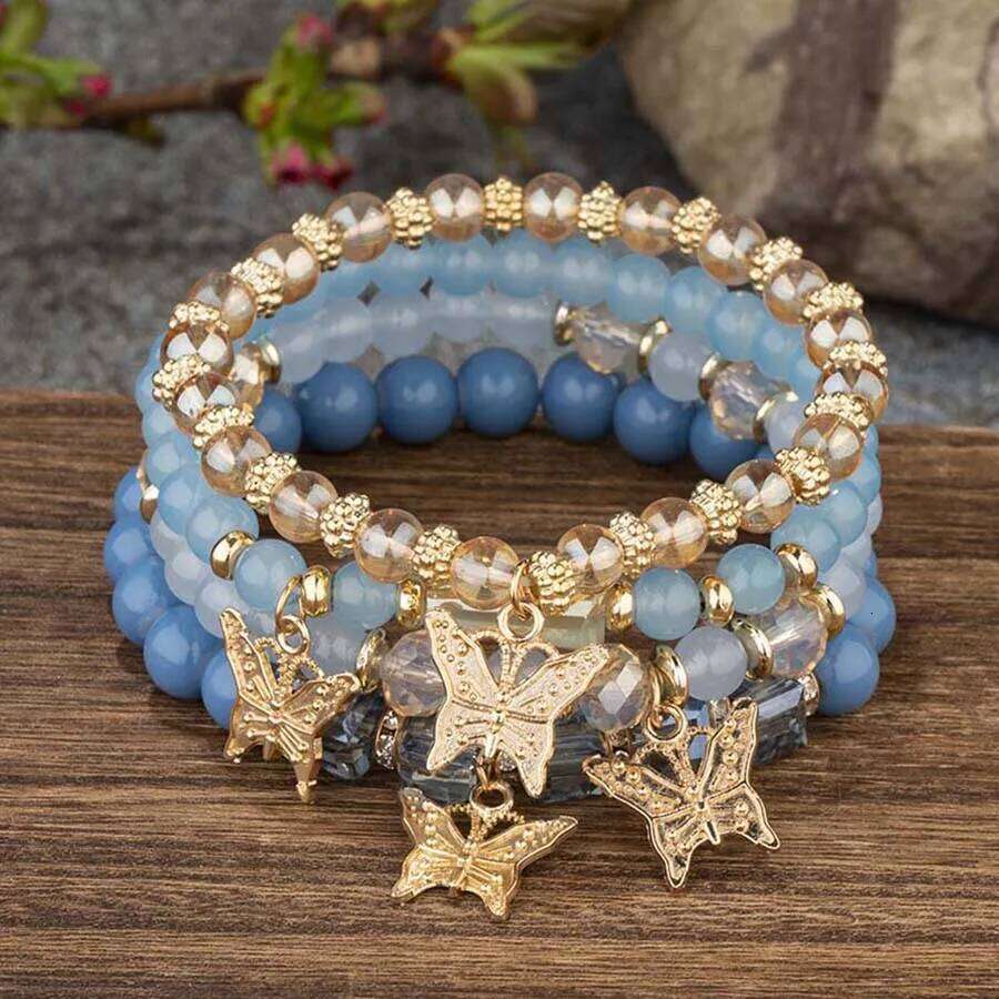 4PCS Bohemia Butterfly Charm Bracelet Set For Women Acrylic Beads Elastic Chain Bangle Men Wristband Fashion Party Jewelry Gift 25H1229