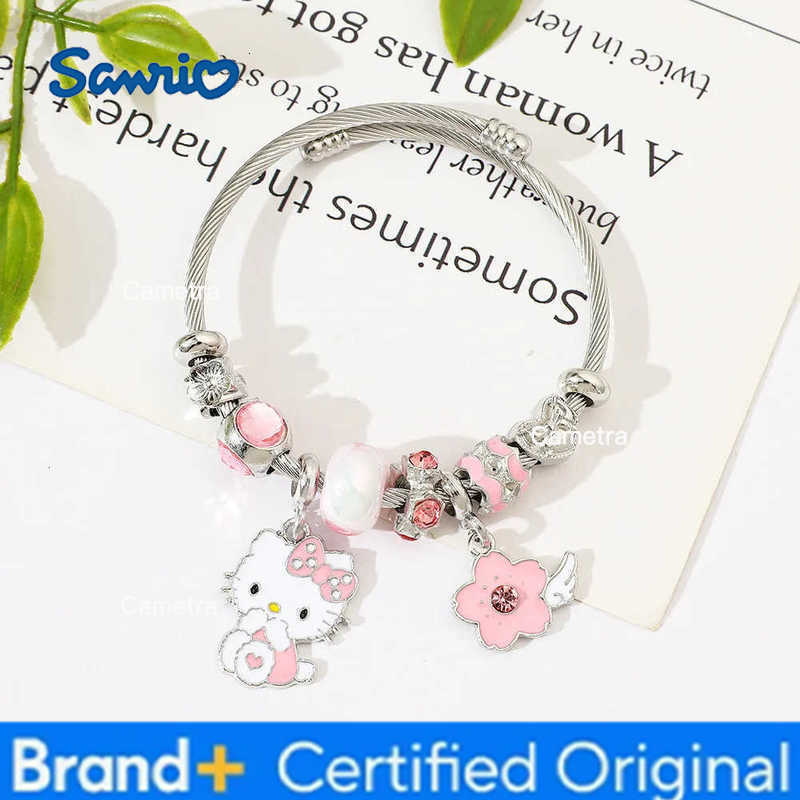 Sanrio Hello Kitty Pink Enamel Charm Bracelet Cherry Blossom Pendant Cute Bangle for Women Girls Fashion Accessory H251229