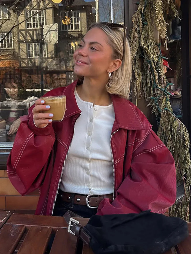Red Oversized Leather Jacket Vintage Womens Lapel Zipper Elastic Hem Full Sleeve Loose Bomber Coat Lady Daily Commute Outerwear 251225
