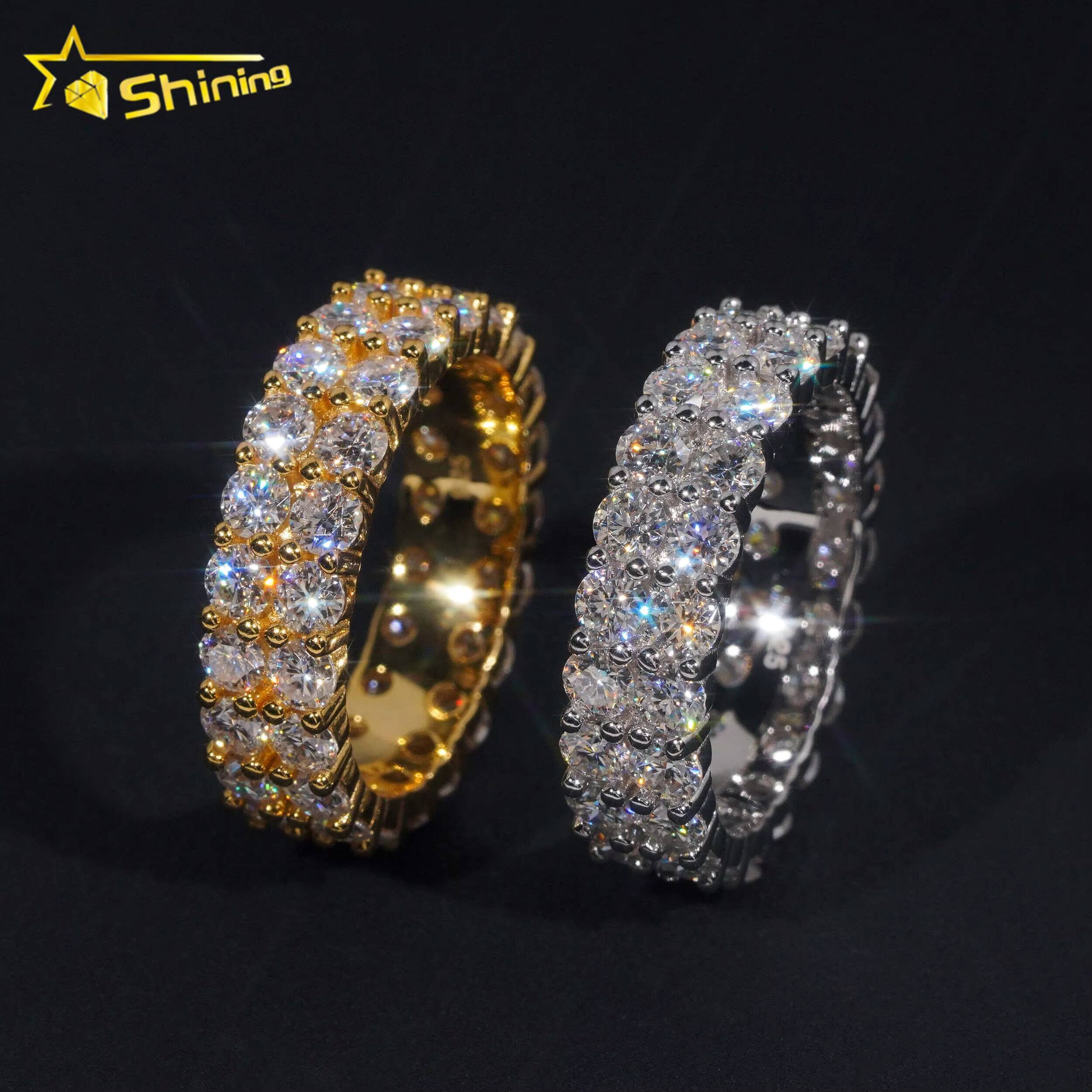 Fine Jewelry GRA Solid 925 Sterling Silver Gold Plated Iced Out Diamond Moissanite Fully Iced Double Rows Wedding Band Ring