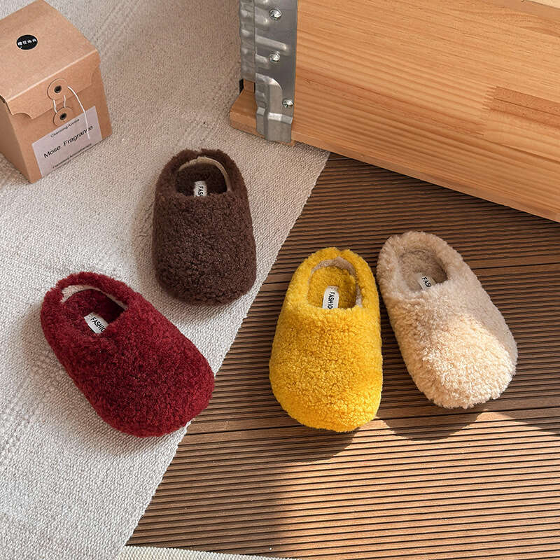 INS French Style Closed-Toe Cotton 2025 Winter New Korean Version Girls Slip-On Fleece-Lined Warm Furry Slippers