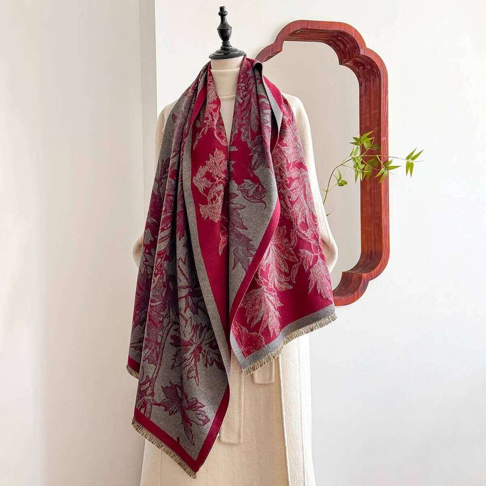 Elegant Floral Jacquard Shawl for Women Winter Thick Warm Double Sided Tassel Design Coldproof Windproof Blanket Scarf 25M1229