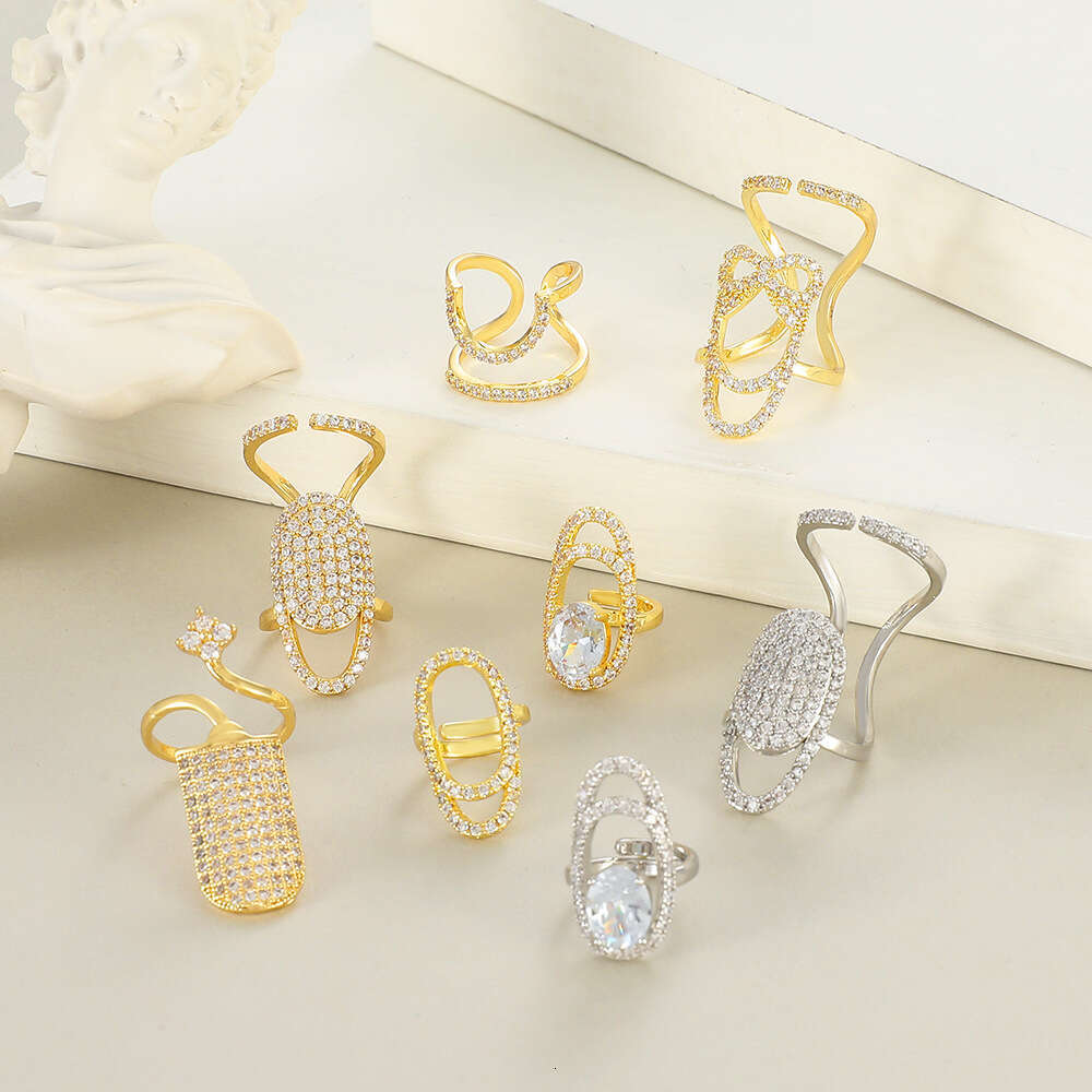 Trend Geometric Inlaid Diamond Open for Women Ins Niche Design Elegant Exquisite Nail Ring