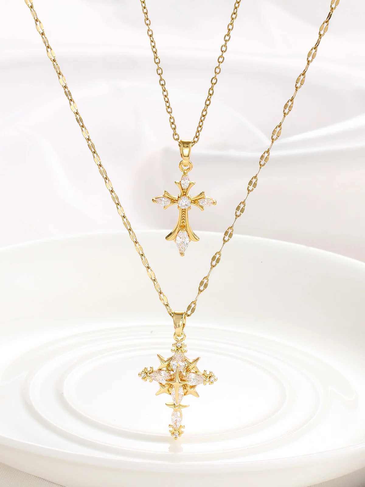 Womens Double-Layer Adjustable European And American Luxury Cross Necklace Pendant Stainless Steel High-End Jewelry Y251227