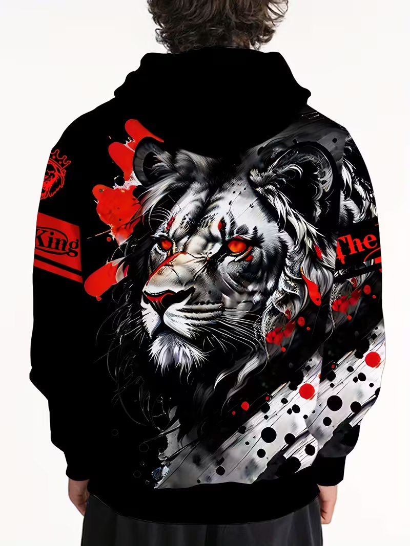 Dark King Style Men's Hoodie Red & Black Splatter Lion King Oversized Streetwear Pullover Hoodie