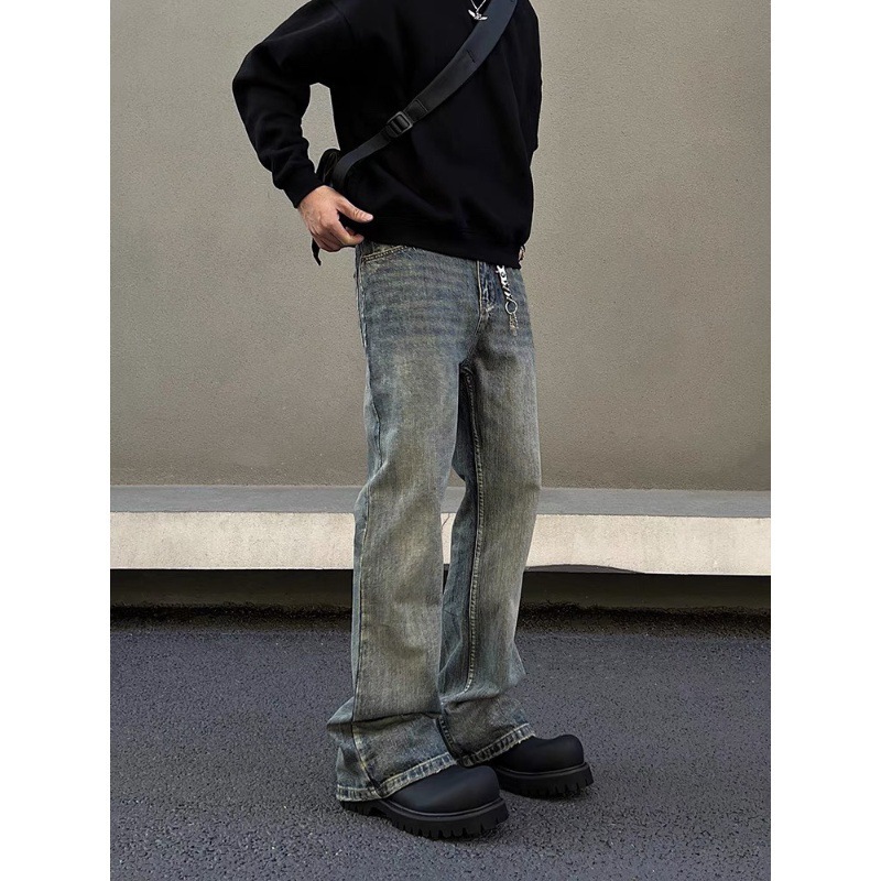 American Retro Waed Bamboo Pattern Flared Denim Jeans Mens Womens High Street Trend Long Pants