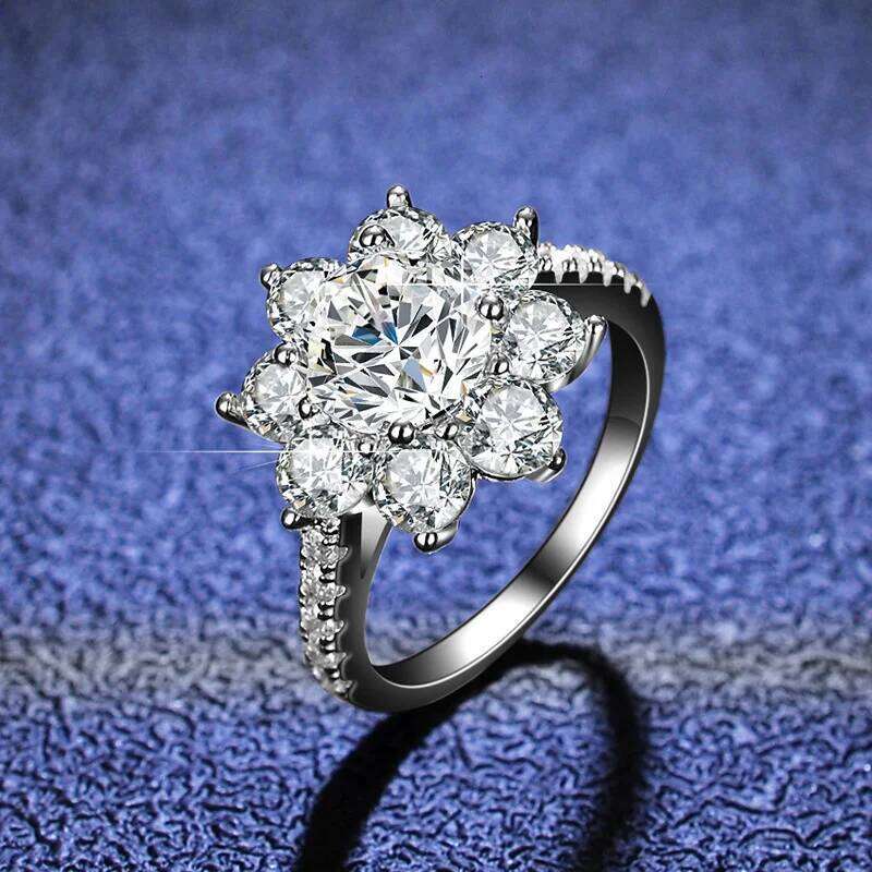 1CT 2CT D VVS1 Moissanite Rings for Women Sun Flower Sparkling Wedding Bands 100% S925 Sterling Silver Jewelry GRA 81f