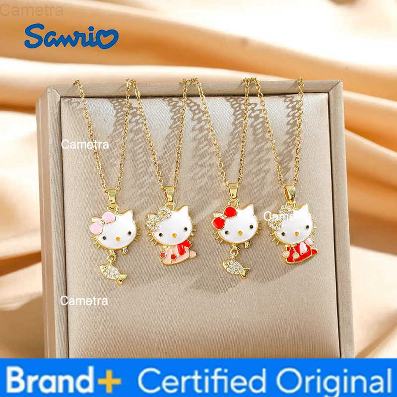 Sanrio Cartoon Cute Hello Kitty Zircon Fish Pendant Necklace for Women Girls Lovely Stainless Steel Chain Kitty Jewelry Gifts H251229