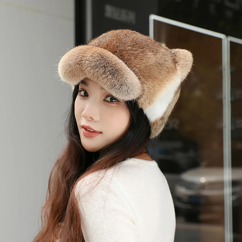 Style Women Rabbit Fur Cap Brim Cute Ears Hat Girls Winter Warm Real Natural Rabbit Fur Thick Warm Hats 251225