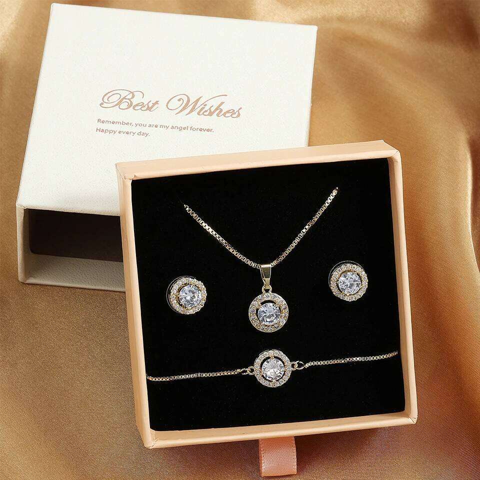ZAKOL 3 Pcs Jewelry Gift For Women Shiny AAA Cubic Zirconia Earrings Bracelet Necklace Set Accessories With Gifts Box