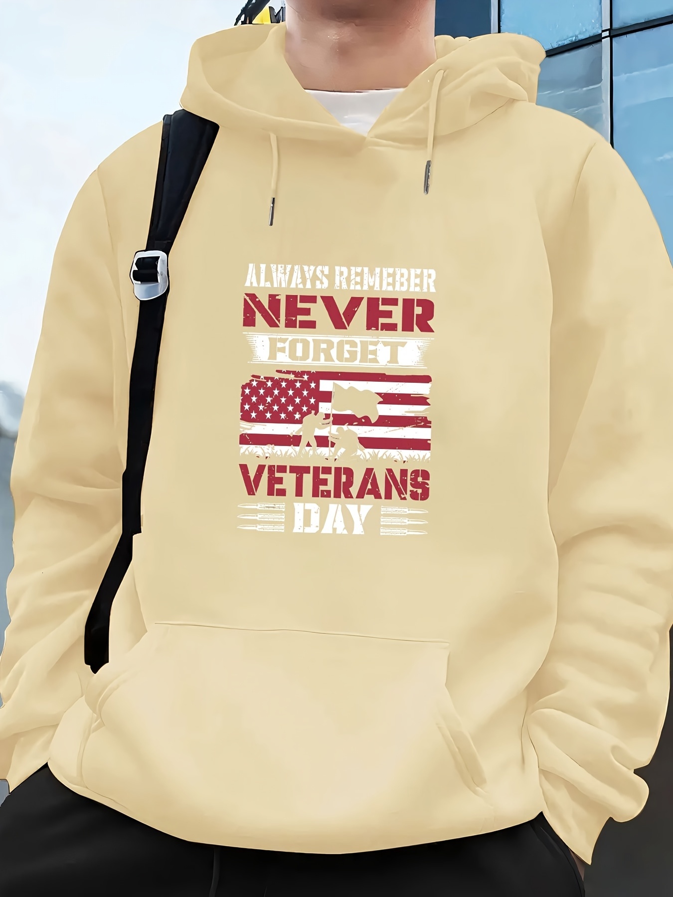 Men's Navy Blue Veterans Day Hoodie - Patriotic Letter Print Pullover with Kangaroo Pocket, Comfortable Polyester Blend for Fall/Winter, Drawstri