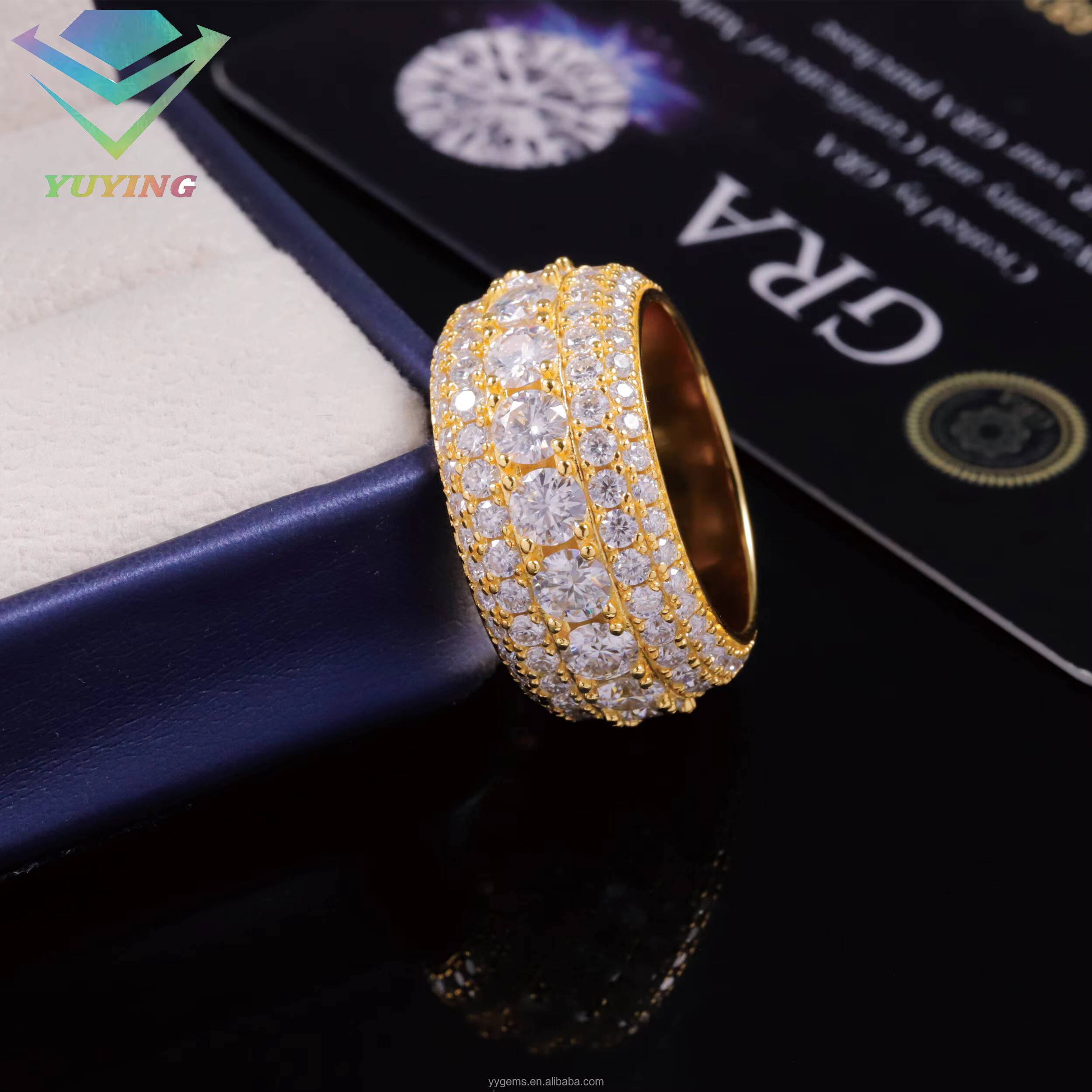 Iced Out Moissanite Diamond Mens Cuban Diamond 18k Gold Plated Brass Ring for Hiphop Rapper Jewelry
