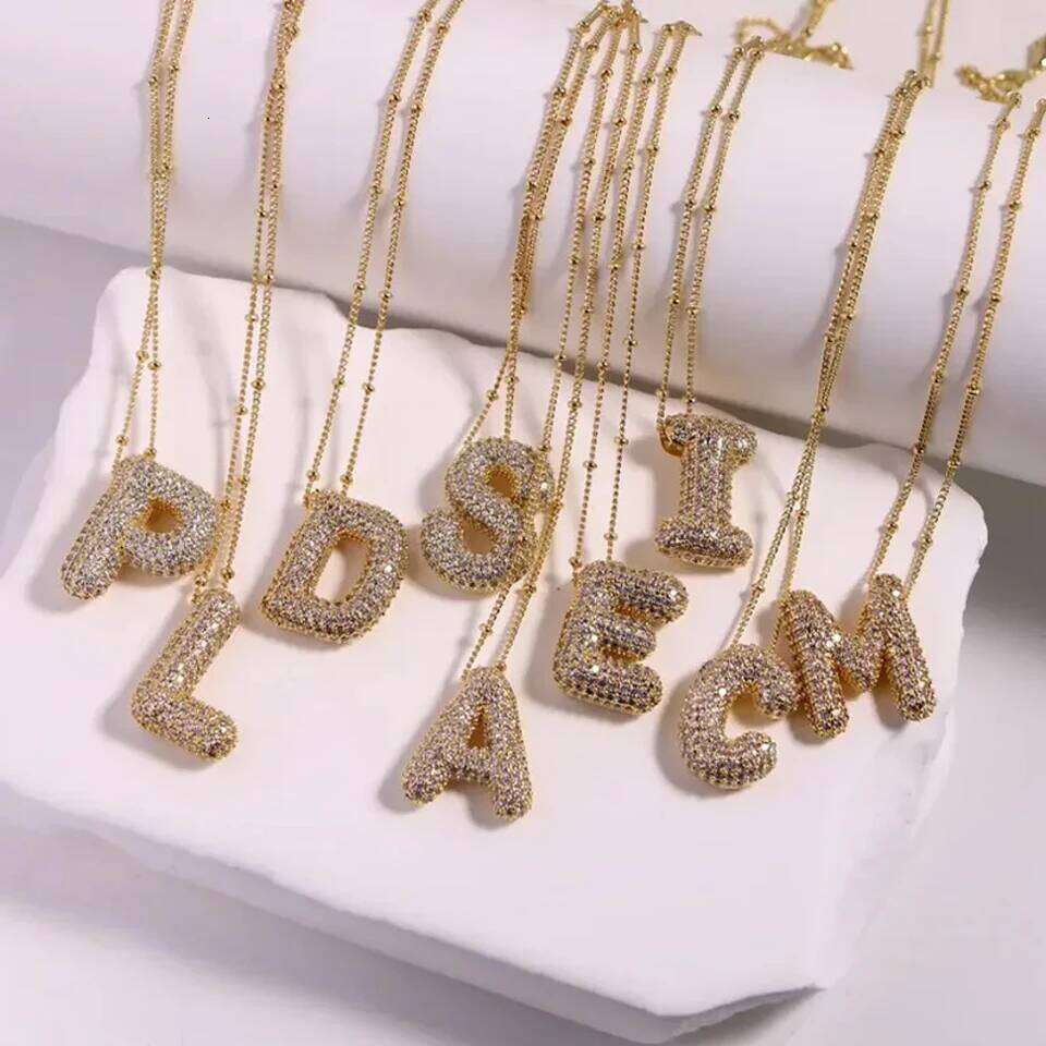 ZAKOL Chunky Cubic Zirconia Gold Plated Bubble Alphabet Letter Monogram Balloon Initial Necklace Women Gifts