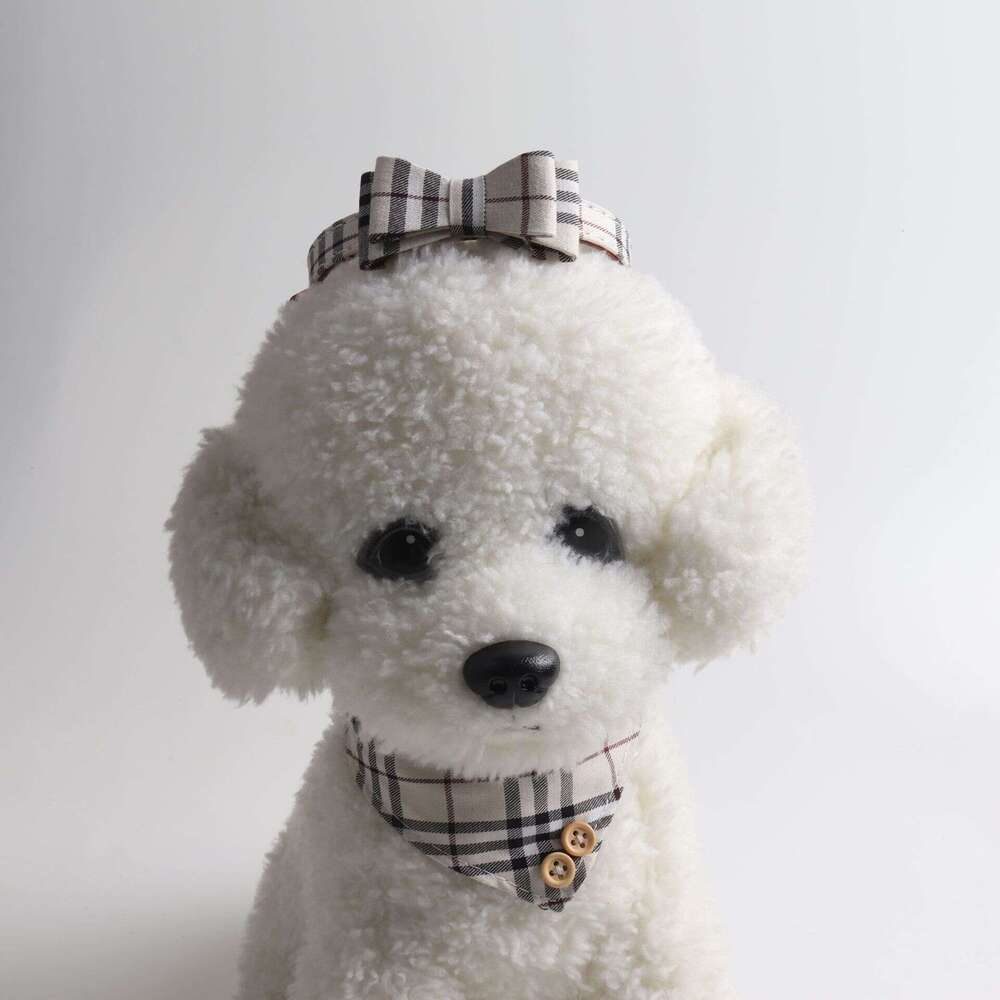 Pet set beige British bow triangle scarf collar, suitable for small and medium-sized dogs and cats