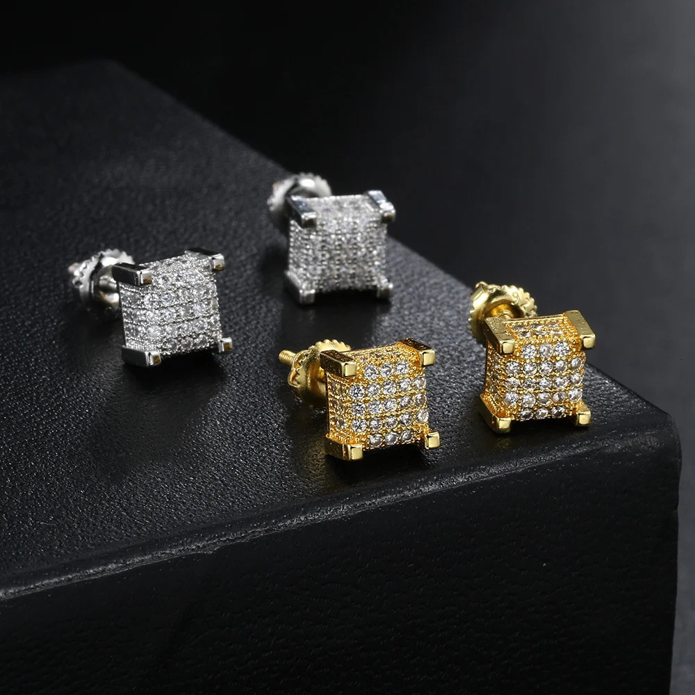 HipHop Male Small Screw Back Earring Full White Zircon Square Stud Earrings For Men Women Punk Gold Silver Color Party Jewelry 251224