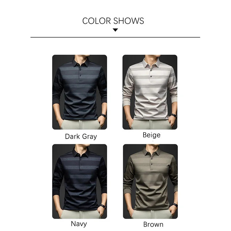 BROWON Elegant Mens Polo Shirts 2025 Spring Autumn Long Sleeve Lapel Collar Big Striped Pattern Tshirt Male in Tops Tees 251219