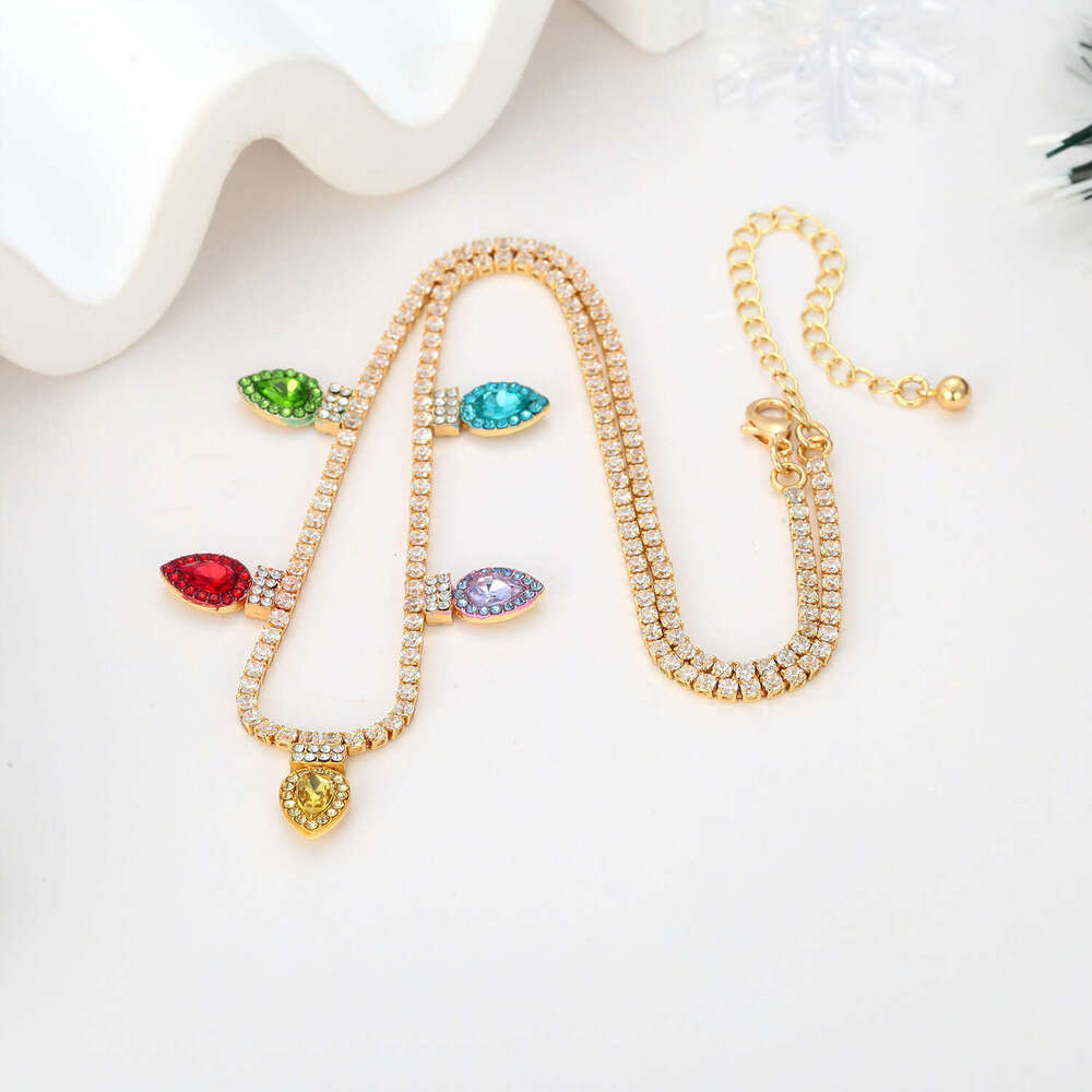 Cross-Border New Style Multicolored Crystal Leaf Tassel Pendant Full Diamond Atmosphere Necklace Christmas Gift