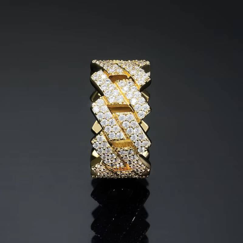 YuyingGems VVS Moissanite Iced 925 Silver Gold Plated Prong Cuban Ring Third Party Certified